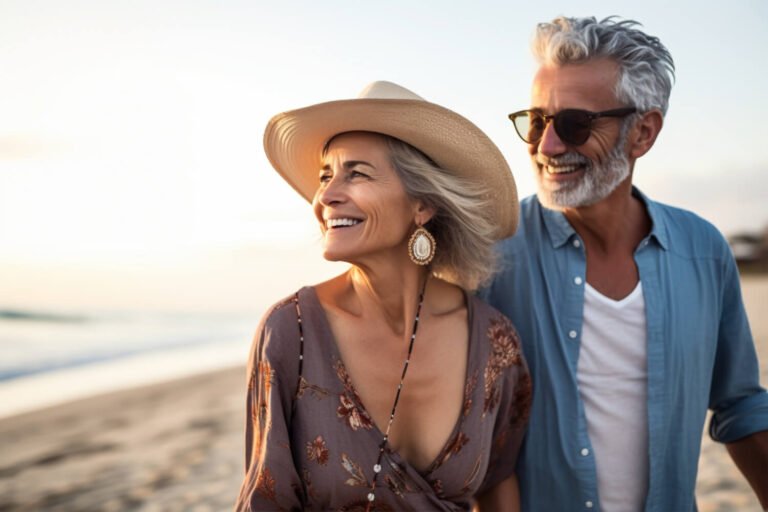 Casal sênior sorrindo na praia ao pôr do sol; a mulher usa chapéu e exibe dentes fixos e alinhados. Exemplo de reabilitação com Prótese Protocolo na Clínica Felice.